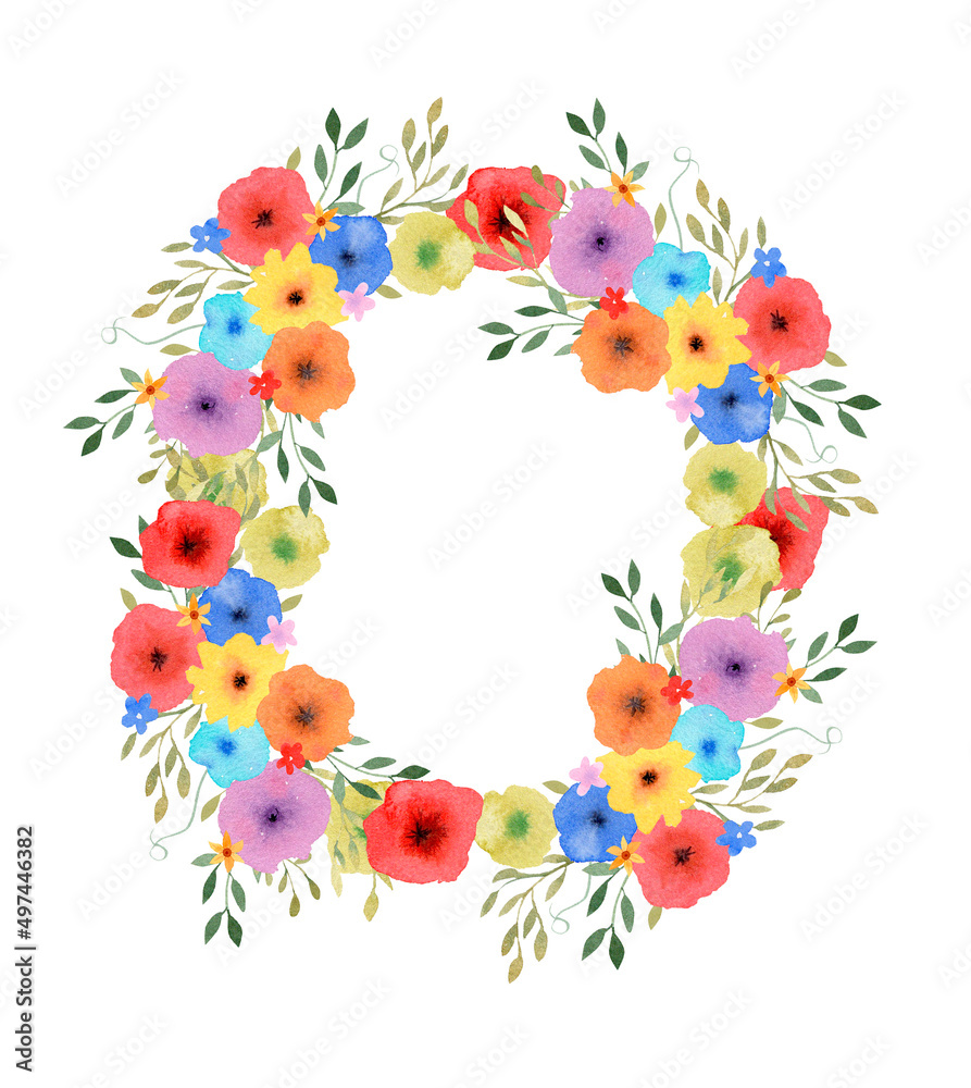 Colorful wildflower frame with hand drawn summer meadow flowers, leaves, isolated on white background. Botanical frame for your design.