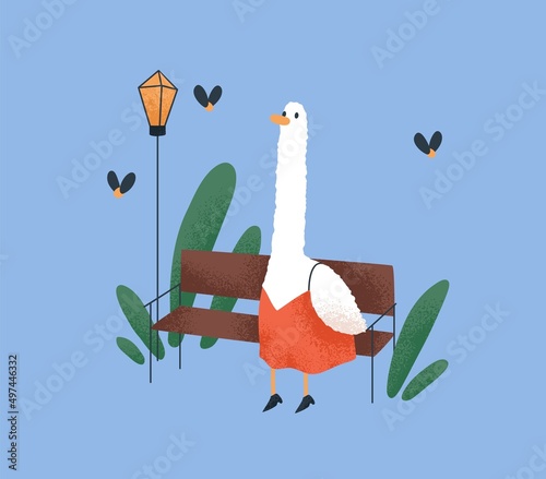 Cute she-goose relaxing in park, sitting on bench. Funny fairytale bird girl in clothes, dress resting outdoors. Childish fairy tale amusing character. Childrens flat vector illustration
