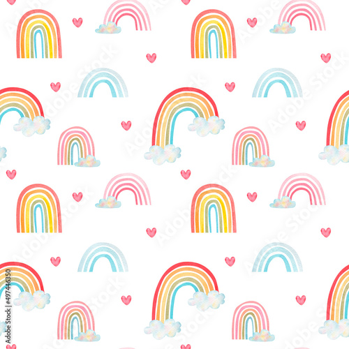 Watercolor rainbow and hearts seamless pattern. Hand drawn cute rainbows and clouds on white background