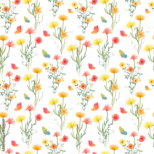 Watercolor meadow wildflower seamless pattern. Hand painted cute colorful flowers on white background. Botanical print.