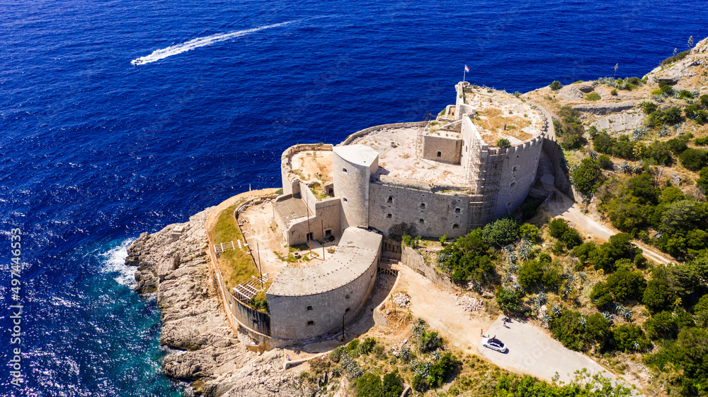 Fototapeta premium Aerial view of Prevlaka Fortress, Cape Ostro, Prevlaka, Croatia