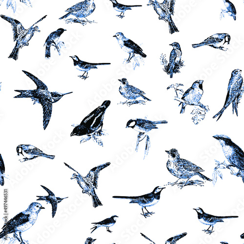Seamless pattern with floral romantic elements, for your design. Endless texture, sketch humming-birds, watercolor flowers, isolated Vector illustration.
