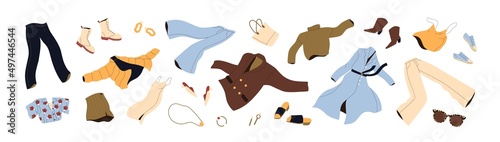 Fashion modern women clothes set. Casual female garments and accessories for spring. Coat, jacket, shoes, trousers, sunglasses flying. Colored flat vector illustrations isolated on white background