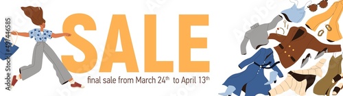 Sale banner template for fashion shop with women clothes. Ad background of discount offer in modern retail store. Female fashionable spring apparel promotion. Colored flat vector illustration