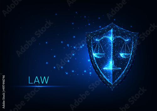 Futuristic law protection concept with glowing low polygonal scales and shield on dark blue