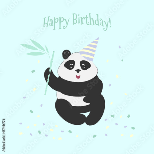 Happy Birthday card with panda wearing a hat and holding bamboo