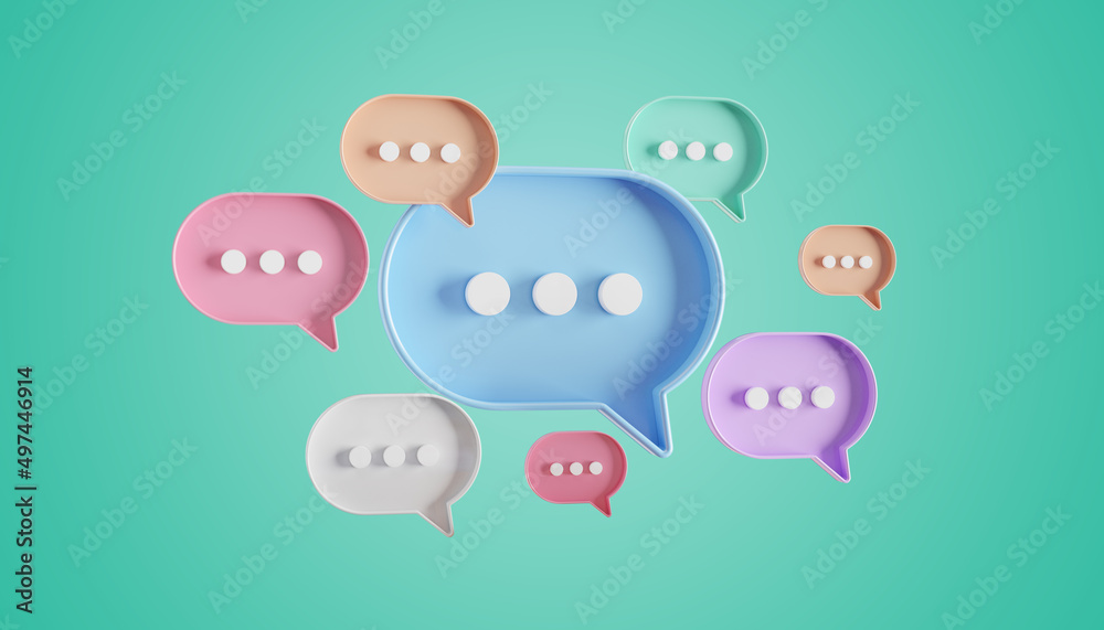 Minimalist blue red orange purple speech bubbles talk icons floating over green background. Modern conversation or social media messages with shadow. 3D rendering - obrazy, fototapety, plakaty 
