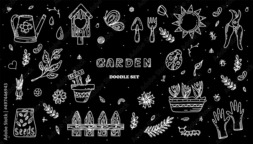 Vector gardening doodle set. Cartoon hand drawn isolated design horticulture elements. Spring set for gardening and floriculture. Sketch of a nerd hobby icon