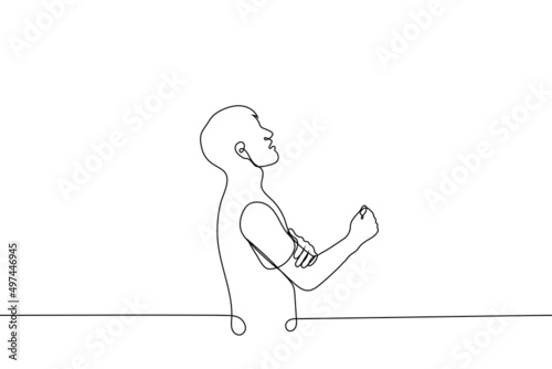 man threw his head up opened his mouth intercepted his hand with fist in elbow area - one line drawing vector. battle cry concept, desperate cry, tennis elbow pathology