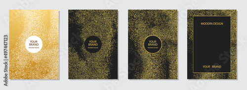 Cover design set. Collection of vertical templates. Grunge golden texture. Geometric backgrounds with sparkles. Stylish idea for the design of brochure, catalog, book, poster, flyer, invitation.