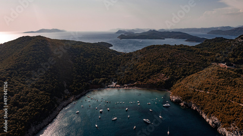 Aerial view of Beach Sunj, Island Lopud, Dubrovnik, Croatia