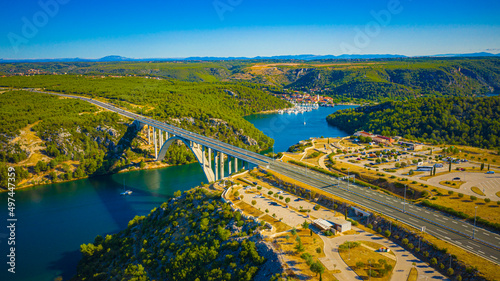 Aerial View of Bridge Over River Krka, Skradin, Croatia