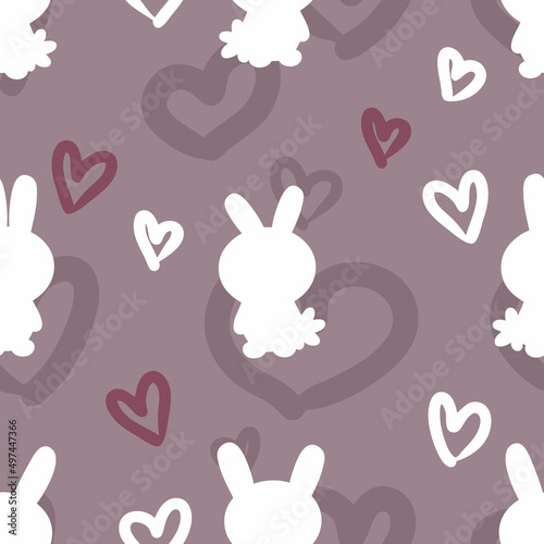 Doodle Easter seamless pattern with bunnies silhouettes and hearts. Perfect for T-shirt, textile and print. Hand drawn vector illustration for decor and design.