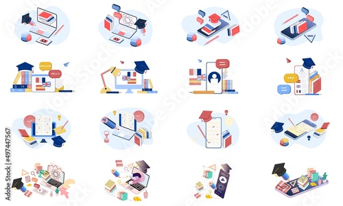 Set of modern flat and 3D isometric of online education, e-learning, internet course, languages learning, language courses, language classes, online examination, Online test, opinion checklist, quiz.