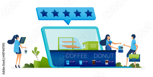 Illustration of SMEs sell coffee and donuts with 5 star satisfaction internet rating. support lower businesses for economic sustainability. Can be used for website, mobile app, poster, flyers, banner