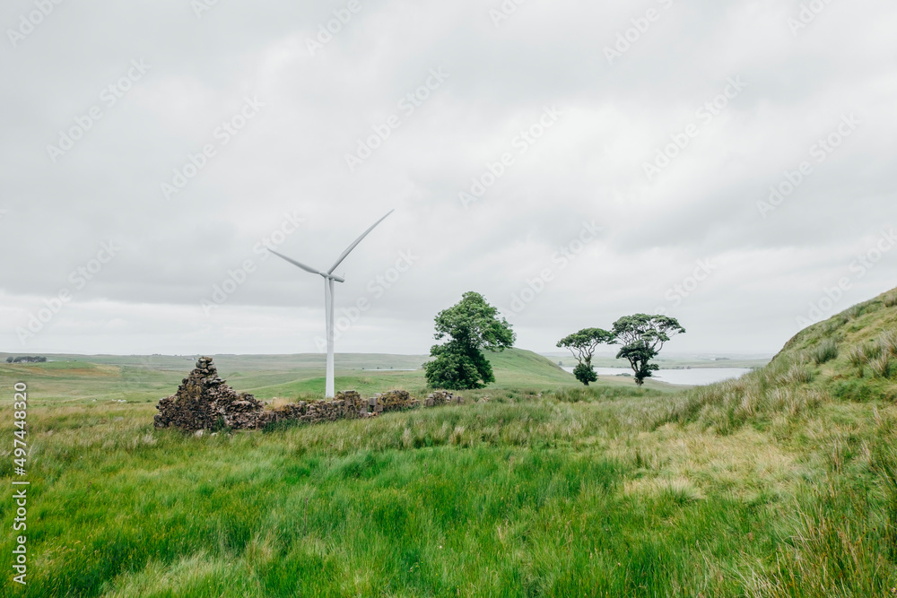 Fototapeta premium Windfarm, Scotland - Walking trail and wind turbines on wind farm on a sunny day.