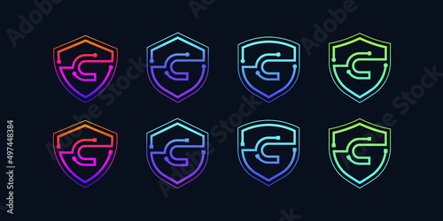 Letter C logotype with Line Dots and Cyber Shield Security Logo Digital Technology Business Company