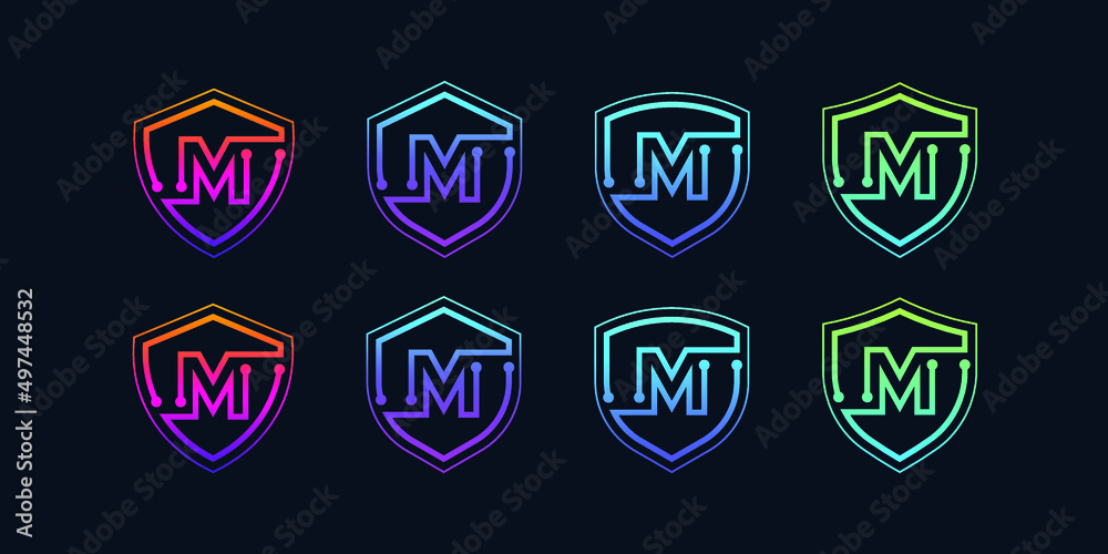Obraz premium Letter M logotype with Line Dots and Cyber Shield Security Logo Digital Technology Business Company