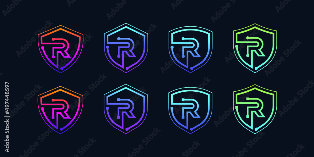 Letter R logotype with Line Dots and Cyber Shield Security Logo Digital Technology Business Company