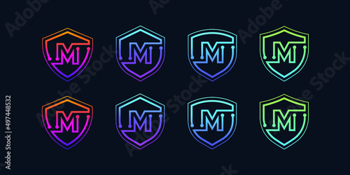 Letter M logotype with Line Dots and Cyber Shield Security Logo Digital Technology Business Company
