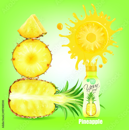 Pineapple fruit bottle design with Pineapple fruit  juice splashes.illustration vector