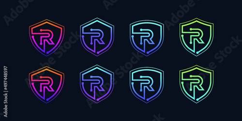 Letter R logotype with Line Dots and Cyber Shield Security Logo Digital Technology Business Company