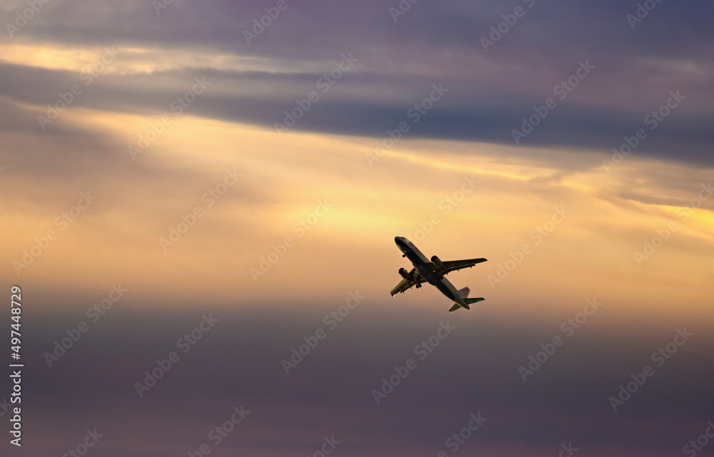 Fototapeta premium Passenger plane in the blue sky - Air travel