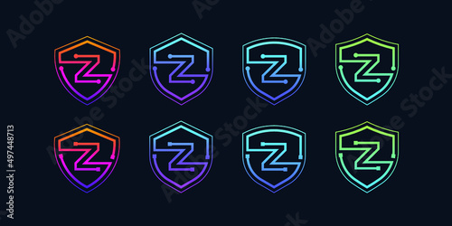 Letter Z logotype with Line Dots and Cyber Shield Security Logo Digital Technology Business Company