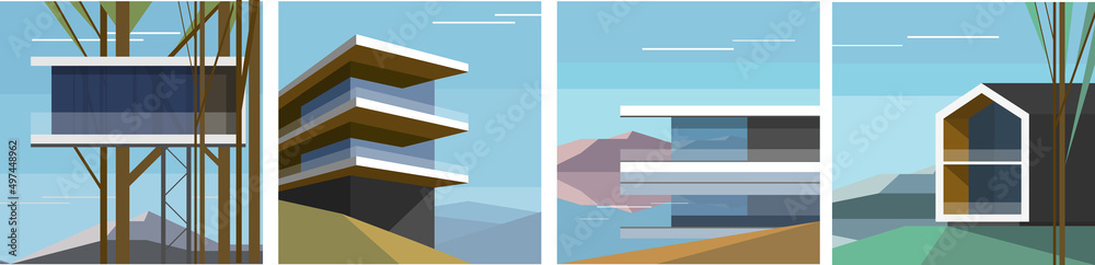 Architecture art. Modern scandinavian house on the hill. Scandinavian landscape. Set of vector illustration. Architecture art. Modern scandinavian house on the hill. Scandinavian landscape. Set of vector illustration.