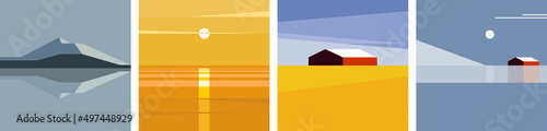 Minimalist Scandinavian landscapes. Set of vector illustrations. Nordic landscape, fishing village, fjords, mountains and sea. Backgrounds for banners, posters, covers.