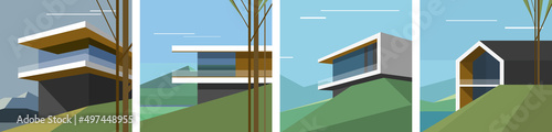 Architecture art. Modern scandinavian house on the hill. Scandinavian landscape. Set of vector illustration.