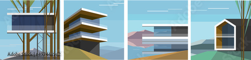Architecture art. Modern scandinavian house on the hill. Scandinavian landscape. Set of vector illustration.