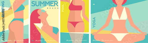 Girls in swimsuits on the beach. Pool, activity, yoga, surfing. Set of vector illustrations. Holiday card. Summer vacation.
