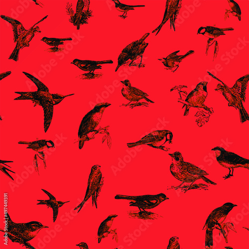 Seamless pattern with floral romantic elements, for your design. Endless texture, sketch humming-birds, watercolor flowers, isolated Vector illustration.