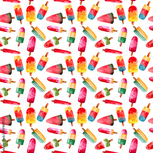 Seamless pattern with icecream. Watercolor illustration of fruit ice. Background with sweet food. Perfect for fabric and design