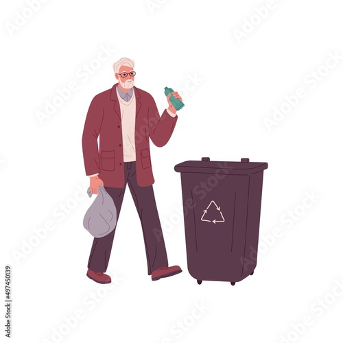 Person throwing plastic waste to street dumpster. Senior man dropping bottle into rubbish container, trash can. Male and wheelie bin. Flat vector illustration isolated on white background