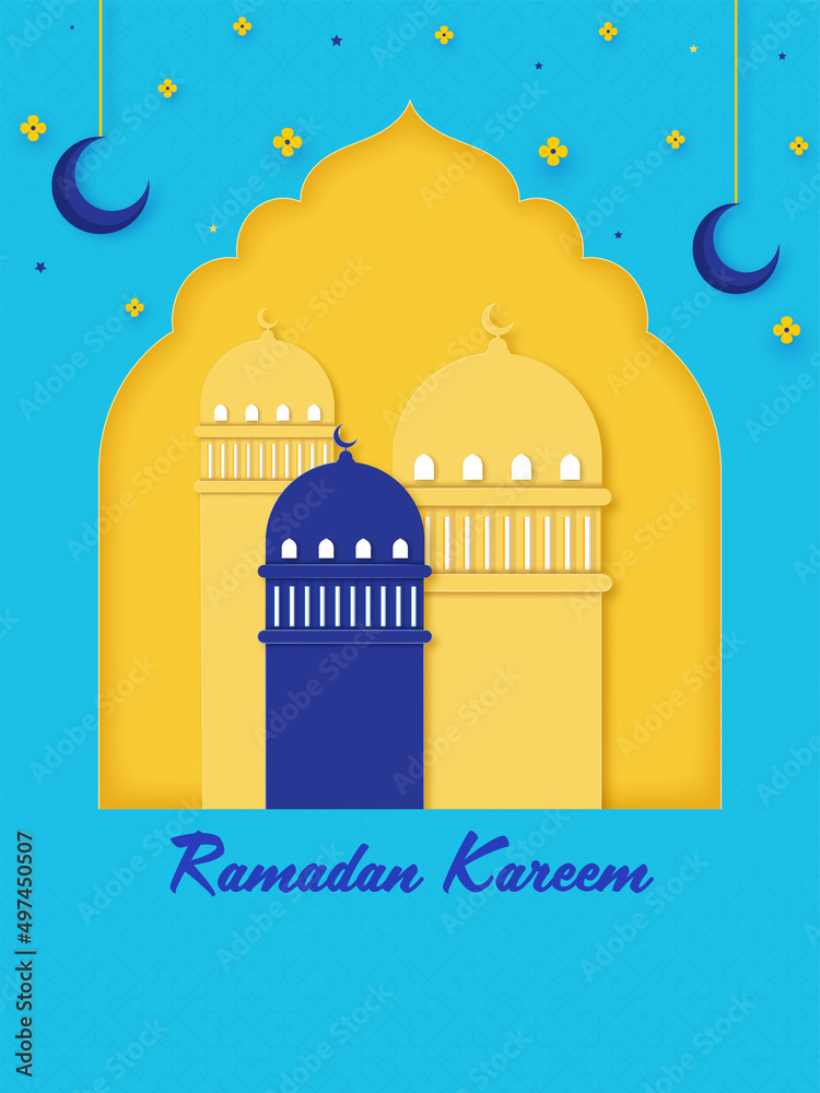 Ramadan Kareem Greeting Card With Paper Cut Mosque, Flowers, Crescent Moon Hang On Yellow And Blue Islamic Pattern Background.