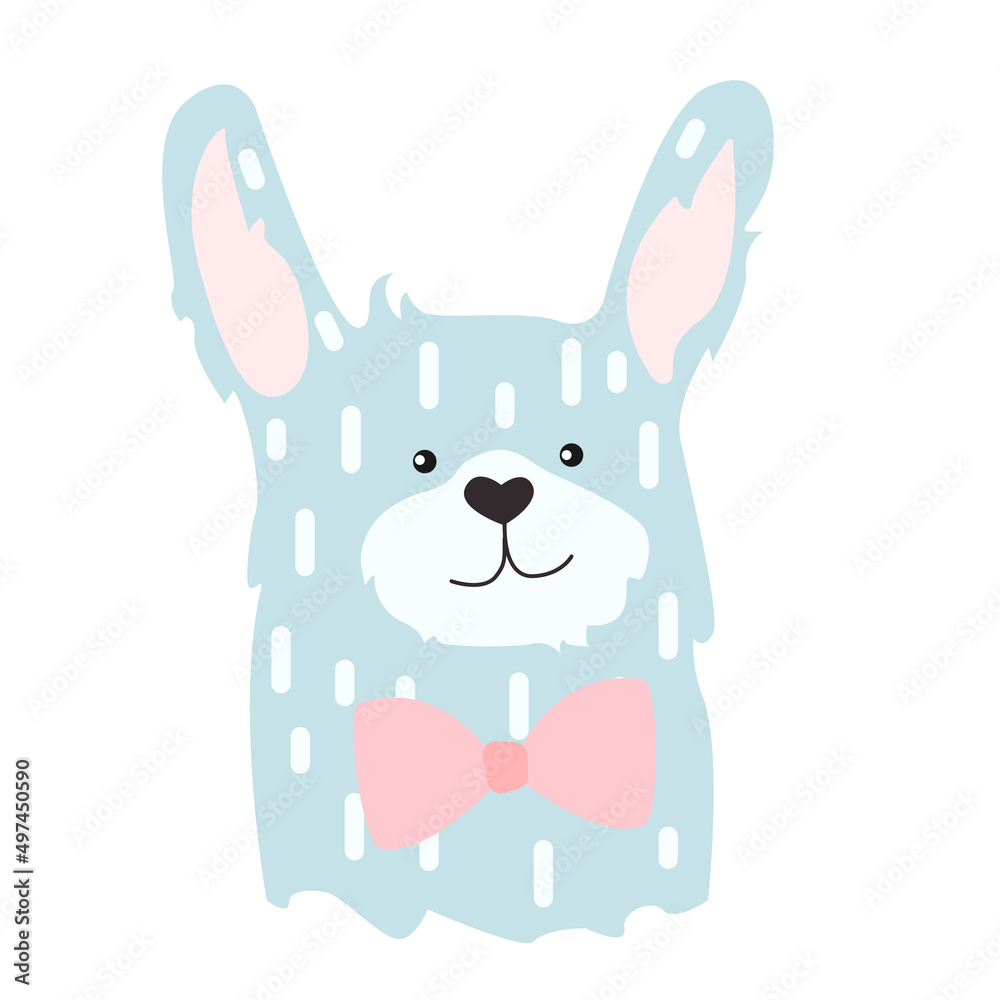 Cute blue rabbit with a pink bow. Simple childish vector illustration for printing on t-shirts, cards, fabrics, posters, etc. d. Cute blue rabbit with a pink bow. Simple childish vector illustration for printing on t-shirts, cards, fabrics, posters, etc. d.