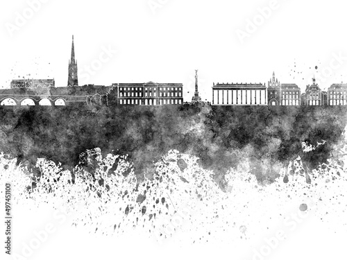 Bordeaux skyline in black watercolor on white background