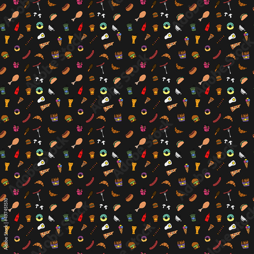 Doodle fast food pattern. seamless pattern with food icons. Fast food set icons, fastfood background.  food icons on black background. hand drown vector pattern with fast food icons