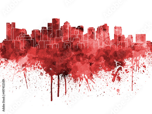 Boston skyline in red watercolor on white background