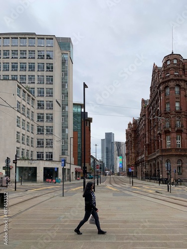 City scene in Manchester City centre with buildings and landmarks. 