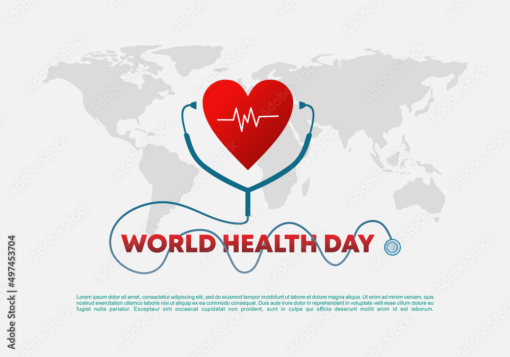World health day background banner poster with heart beat, stethoscope and world map on white background. World health day background banner poster with heart beat, stethoscope and world map on white background.