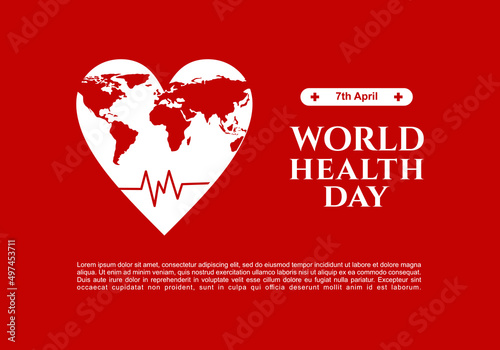 World health day background banner poster with world map on red background.