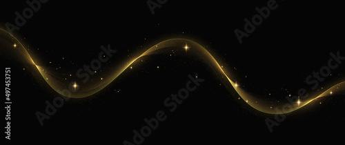 Gold glitter abstract waves on a black background. Glittering old dust trail. Abstract motion. Magic lines. Shiny color gold wave design element.