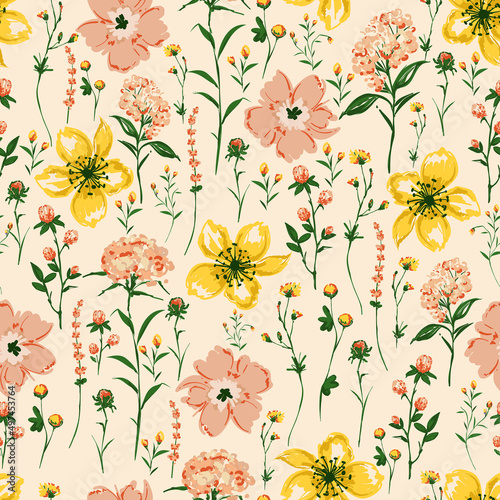 Delicate Blooming Hand drawn paint brushed Wild flower ,Meadow floral Seamless pattern Vector illustration artistic style ,Design for fashion , fabric, textile, wallpaper, wrapping