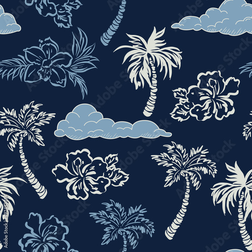 Summer vibes with palm trees ,hibiscus flowers, clouds Seamless pattern Vector Illustration ,Design for fashion , fabric, textile, wallpaper