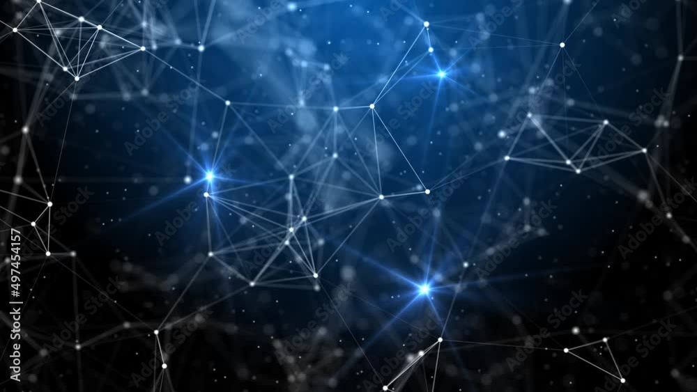 Diving in a blue abstract network connections field. Plexus connected lines, nodes, particles and three flickering blue stars evolving in a technology organic motion background