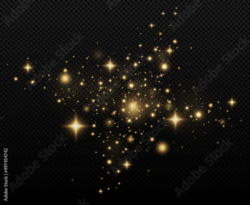 Christmas golden dust. Beautiful sparks shine with special light. Magical yellow dust particles. Christmas Abstract stylish light effect on a black transparent background.