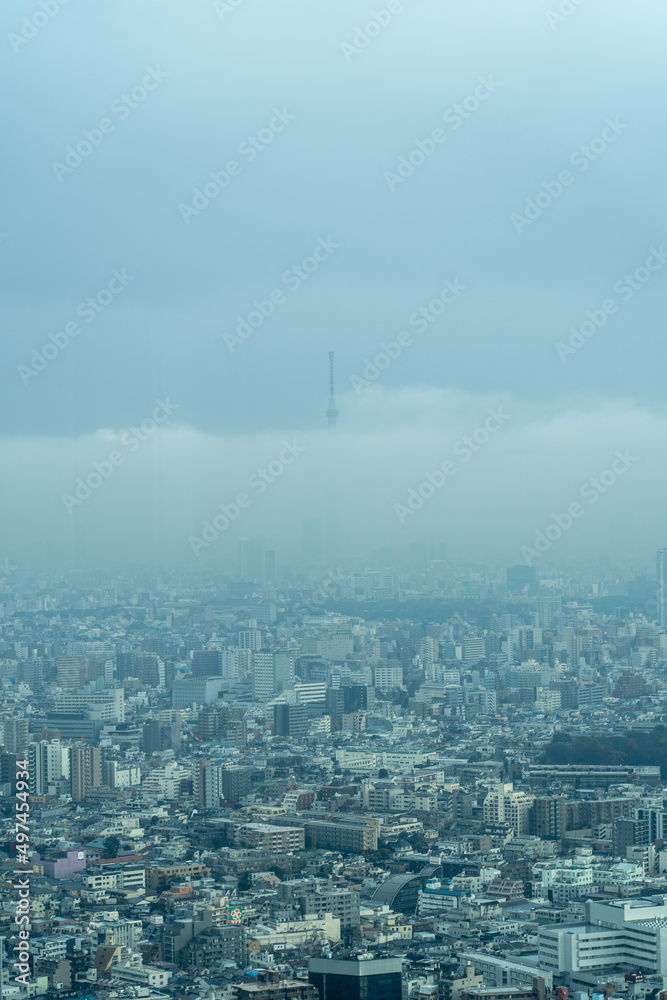 東京の空に浮かぶ雨雲と霧